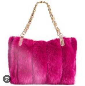Betsey Johnson Fuchsia Faux Fur Tote with Gold Chain Handles